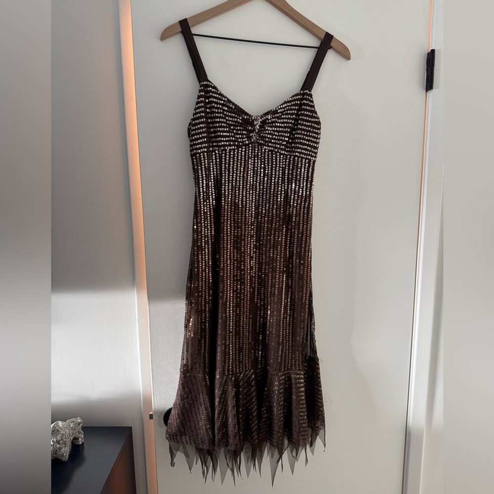 BCBGMaxAzria Brown Sequin Midi Dress